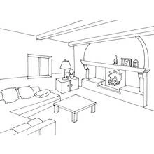 Living room with a cozy fireplace coloring page