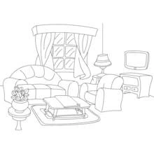 Living room with sofa and window coloring page