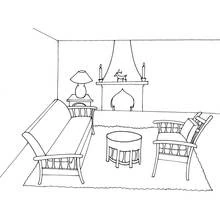 Living room with fireplace and sofa coloring page