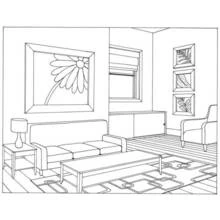 Living room in one point perspective coloring page