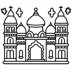 Symmetrical palace with central dome and spires coloring page