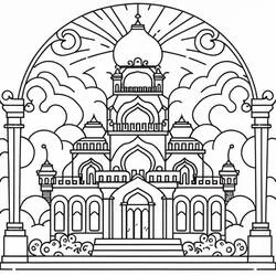Palace with onion dome and swirling clouds coloring page