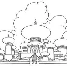 Oriental palace with wide clouds above coloring page