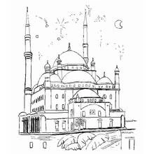 Palace with domes and minarets under a starry sky coloring page
