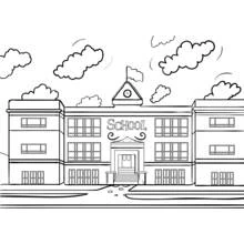 School building with clock tower and flag coloring page