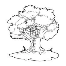 Tree house nestled in a leafy tree coloring page