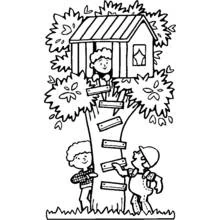 Children playing at a tree house coloring page