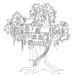 Tree house nestled in a large tree coloring page