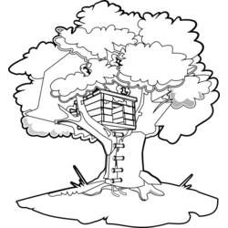Tree house nestled in a large leafy tree coloring page