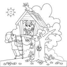 Children playing in a tree house coloring page