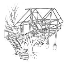 Tree house with wooden platforms and ladders coloring page