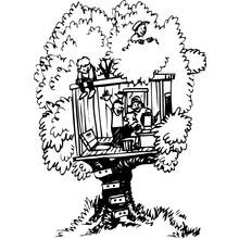 Spying figure with binoculars in treehouse coloring page