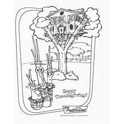 Tree house with VeggieTales friends celebrating Thanksgiving coloring page