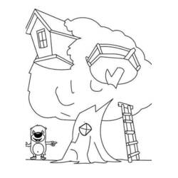Tree House with a little bear and a ladder coloring page