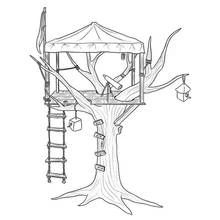 Treehouse with telescope and birdhouse coloring page