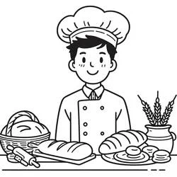 Baker standing behind a counter of bread coloring page