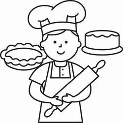 Baker holding a rolling pin with pie and cake coloring page
