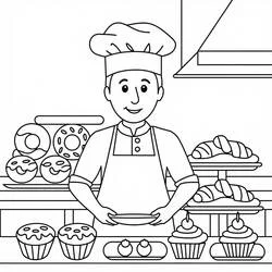 Baker smiling behind his pastry counter coloring page