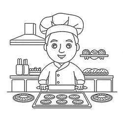 Baker rolling dough in his kitchen coloring page