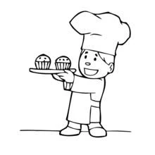 Baker presenting a tray of cupcakes coloring page