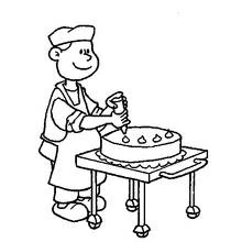 Baker decorating a cake coloring page