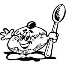 Smiling cupcake character holding a giant spoon coloring page