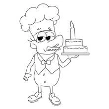 Baker holding a birthday cake with candle coloring page