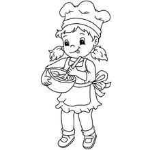 Little girl baker mixing batter in a bowl coloring page
