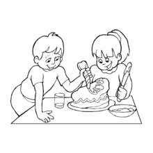 Children decorating a cake with icing coloring page