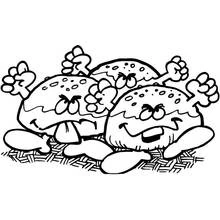 Three funny bread rolls with faces and fists coloring page