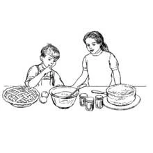 Two children baking together coloring page