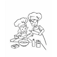 Baker kids mixing dough in the kitchen coloring page