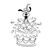 Pluto popping out of a birthday cake coloring page