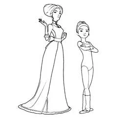 Ballerina and elegant woman standing together coloring page