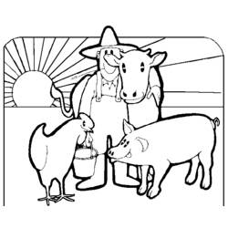 Farmer with cow, pig and chicken at sunrise coloring page