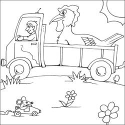 Farmer driving a truck with a giant chicken coloring page