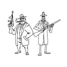 Two gangsters armed with a tommy gun and shotgun coloring page