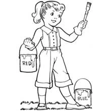 Painter girl holding a brush and paint bucket coloring page
