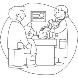 Veterinarian examining a dog with the family watching coloring page