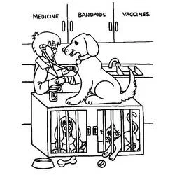 Veterinarian examining a dog on a cage coloring page