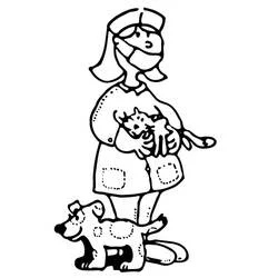 Veterinarian holding a cat with a dog nearby coloring page