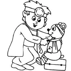 Veterinarian boy examining a bandaged bear coloring page
