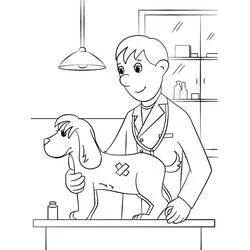 Veterinarian examining a dog with a bandage coloring page