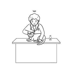 Veterinarian examining a cat on the table coloring page