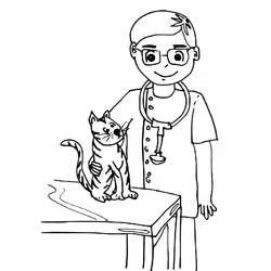 Veterinarian with stethoscope beside striped cat coloring page