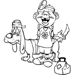 Little veterinarian bandaging a dog coloring page