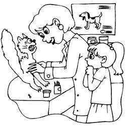 Veterinarian examining a scared cat coloring page