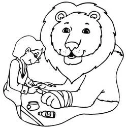 Veterinarian bandaging a lion's paw coloring page