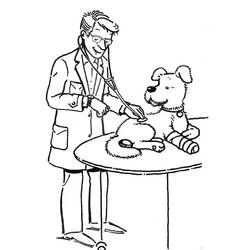 Veterinarian examining a dog with a bandaged paw coloring page