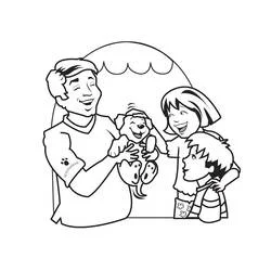 Veterinarian holding a happy puppy with children coloring page